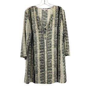 Cabi Sheer Lace Up Neck Cream/Black Print Tunic Top 3/4 Sleeve Size Large